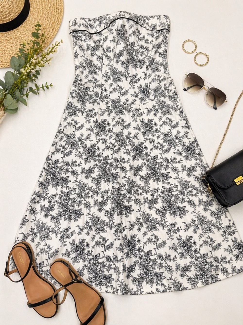 Strapless White Dress with Black Floral Print